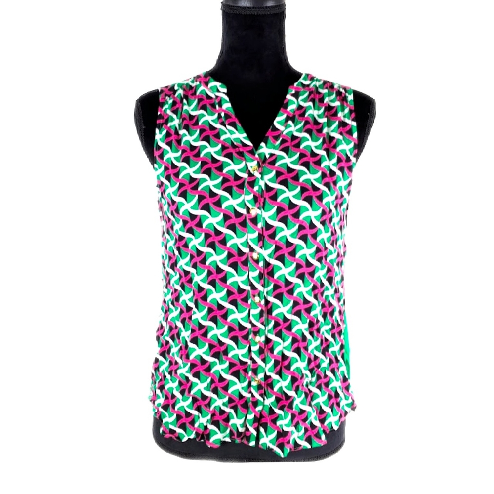 Kaari Blue Womens S Geometric Sleeveless Button Up Top - Picture 2 of 7